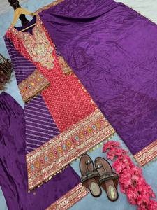 Designer Party Wear Look Pur Chinon Silk <b>Top</b> Plazzo & Dupatta Set - Product Image 5