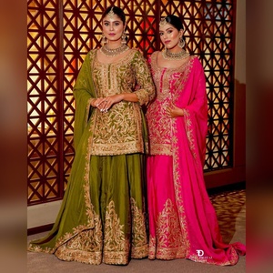Conjunto de salwar kameez sharara Elite chinon con parte superior con bordado de hilo grueso y sharara con dupatta para salidas informales, directo de fábrica - Product Image 1