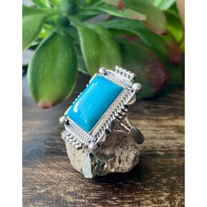 Navajo Handmade Fine Jewelry Kingman Turquoise & Sterling <b>Silver</b> <b>Statement</b> <b>Ring</b> Size 7 for Everyday Wear - Product Image 4