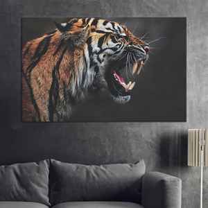 Cuadro en lienzo de tigre rugiente: Impresión de depredador feroz de la selva, lienzo estirado - Product Image 1