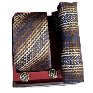 Brown <b>Navy</b> Beige Ethnic Patterned Tie Pocket Square Cufflink Set with Custom Logo All in PU Leather Gift Box Made Silk Polyester - Product Image 3
