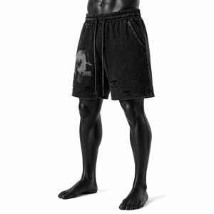 Pantalones Cortos Personalizados para Hombre, Estilo Urbano, Negros con Diseño Gráfico, Lavado Vintage, Desgastados, Casuales, Mezcla de Algodón, OEM ODM - Product Image 3