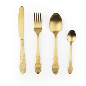 Set di posate da 4 pezzi in acciaio inossidabile dorato resistente, stile lusso elegante da matrimonio, rivestimento PDV, finitura opaca barocca di Excels - Product Image 1