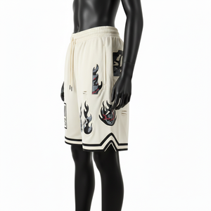 กางเกงบาสเก็ตบอลผู้หญิงผ้าฟลีซโพลีเอสเตอร์คอตตอนคุณภาพสูง 240 GSM สีครีมดำ พิมพ์ลายกราฟิก โลโก้แบบกำหนดเอง - Product Image 3