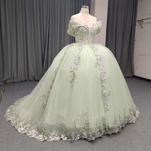 ANY186 Beautiful Sweetheart <b>Lace</b> <b>Green</b> Appliqued Flower Ball Gown Evening Party Women's Dress Beading Crystal Natural Waistline - Product Image 2
