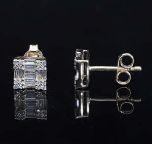 14K Gold <b>Square</b> Stud <b>Earrings</b> Featuring Natural Round & Baguette <b>Diamonds</b> in Elegant Geometric Cluster Prong and Channel Setting - Product Image 5