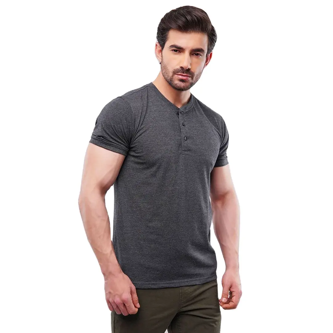 Erkek Premium kalite 100% saf pamuk Henley T-shirt özel yapılmış iki düğme Fit Tees Fitness ve spor salonu için