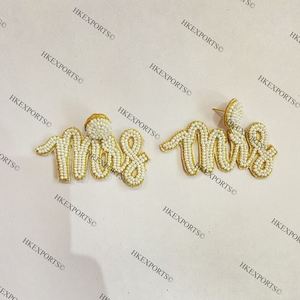 MRS blanco elegante largo nupcial con cuentas pendientes colgantes joyería de boda hecha a mano con chapado en oro para novias - Product Image 1