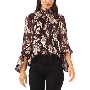 Camicetta Vince Camuto con Stampa Floreale, Maniche a Campana, Collo Alto, Decorazione in Pizzo Ricamato, in Chiffon Lavorato a Maglia, Disponibile nelle Taglie XS S XL per la Primavera - Product Image 1