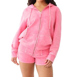 Conjunto de Sudadera con Capucha y Pantalones Cortos de Algodón y Felpa de Primera Calidad para Mujer, Estilo Urbano, Lavado Ácido, con Logotipo Personalizado, Ropa Deportiva de Invierno 2026 - Product Image 1