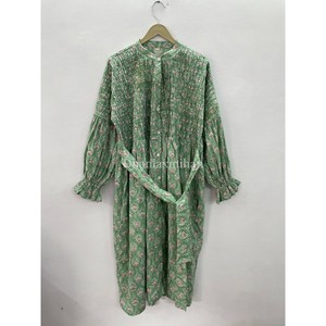 Bán Buôn Phụ Nữ Của 100% Bông Mùa Hè Ăn Mặc Handmade Khối In Ddiềm Vành Đai Và Nút Đứng Cổ Áo Giản Dị Đảng Mặc Ăn Mặc - Product Image 5