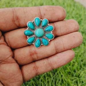 Forme de fleur Turquoise Gemstone Boho Bague en argent sterling 925-Bague Turquoise artificielle-Bague Bohème-Bague Turquoise-Bagues - Product Image 1