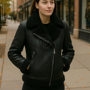 Chaqueta de Cuero Shearling de Corte Moderno con Diseño Transpirable de Punto, Exterior Suave y Forro Afelpado - Product Image 3