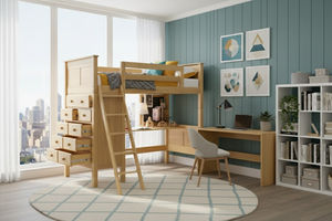 Cama Alta Doble Estilo Moderno Valencia con Cómoda, Muebles de Madera Maciza de Alta Calidad, Color Natural, Hecho en Vietnam, Pino de Nueva Zelanda - Product Image 6