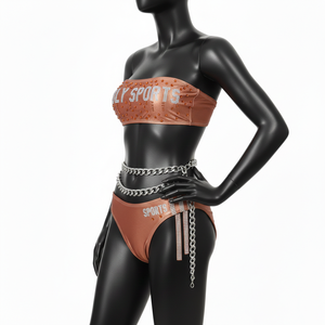 Ensemble de bikini pour femmes de haute qualité, 210 GSM, polyester et élasthanne doux, couleur marron cuivre, logo orné de strass, bikinis pour femmes - Product Image 2