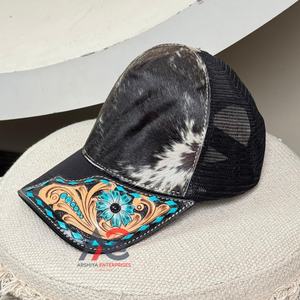 High Quality Custom logo Hand <b>Tooled</b> <b>Leather</b> Patch Cap Mesh Blank Hat Genuine Cowhide <b>Leather</b> Baseball Cowboy Custom Trucker Hat - Product Image 1