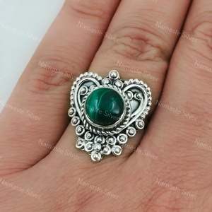 925 Sterling Silver Malachite <b>Ring</b> Handmade Boho <b>Statement</b> Jewelry with Gemstone Inlay Eye Shape Pattern Perfect Gift for Women - Product Image 1