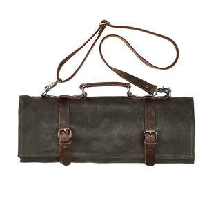 Bolsa de Cuero y Lona Encerada Hecha a Mano para Cuchillos, Almacenaje de 10 Protectores de Cuchillos, - Product Image 1