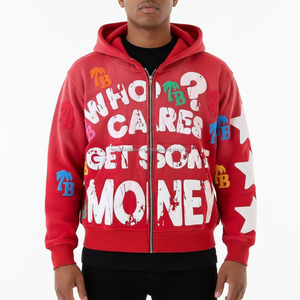 Sudadera con capucha unisex personalizable con cremallera, diseño de última generación, borlas y distintivos, bordado 3D desgastado con efecto descolorido por el sol, estilo oversize, cortavientos, fabricada en Pakistán. - Product Image 3