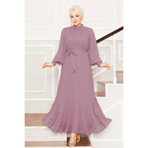 Powder <b>Pink</b> A-Line Hijab Evening <b>Dress</b> with <b>Organza</b> Sleeves Natural Waistline - Product Image 1