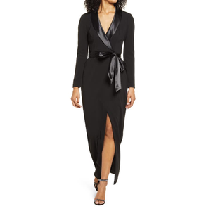 Abito da sera elegante in raso Eliza J, a maniche lunghe, a tubino, con vita naturale, decorato con paillettes all'uncinetto, ideale per serate formali e feste. - Product Image 1