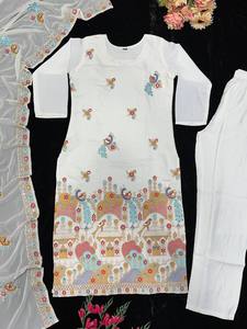 Diseños indios tradicionales modernos Ropa de boda y fiesta Conjunto Kurta Ropa india y pakistaní de seda romana blanca - Product Image 2