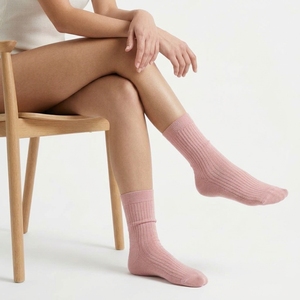 Calcetines de punto acanalado rosa sólido para mujer, transpirables, a media pantorrilla, para uso diario, de alta calidad, de algodón/fibra de bambú, compresión CLASE 1 - Product Image 3