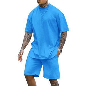 Ensembles de t-shirts et shorts en coton 100% avec logo personnalisé pour hommes, survêtement uni surdimensionné de coupe large, streetwear d'été respirant à la mode - Product Image 2