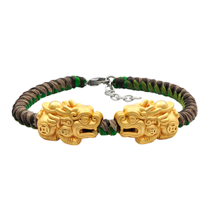 Pixiu Charm <b>Bracelet</b> 925 Sterling Silver Gold Plated Bicolore Wax String Adjustable Vintage Gift - Product Image 1