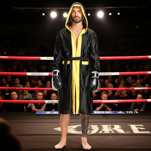 Boxing Robe Adults Costume Boxer Game Suit Black Hooded Outwear Poncho Sweat Shorts Sports Clothes Full <b>Set</b> Unisex Halloween - Product Image 1