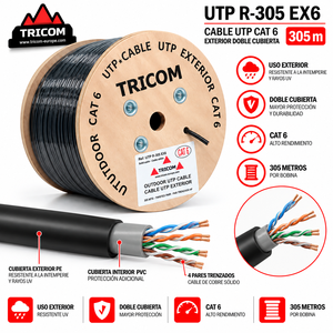 สายเคเบิล UTP Cat6 สำหรับภายนอกอาคาร TRICOM ความยาว 305 เมตร แบบป้องกันสองชั้น หุ้ม PVC PE ทองแดงแท่ง 4 คู่ สำหรับใช้งานภายนอก - Product Image 1