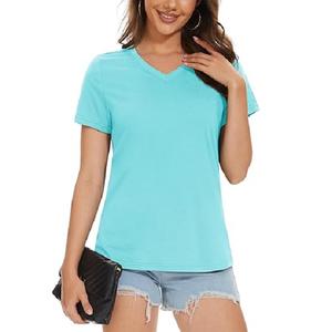 T-shirt pour femmes à manches courtes, col en V, coupe classique, couleur bleu clair, 100% coton, prix direct d'usine du Bangladesh - Product Image 1