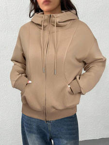 Sudadera con Capucha de Forro Polar Beige para Mujer, Cierre Completo, Corte Holgado, Cuello Alto, Diseño OEM, Estampado Personalizado Deportivo, Sudadera Urbana al por Mayor - Product Image 3