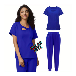Estiramiento cuello pico puntada cinta superior y Pantalones rectos uniforme médico de las mujeres Scrub Set - Product Image 6