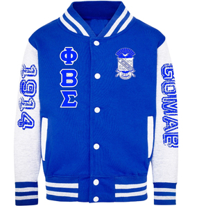 Veste universitaire bleue et blanche avec lettres grecques brodées 1914 G.O.W.A.R. Pull-over pour homme style preppy avec logo sur le devant - Product Image 1