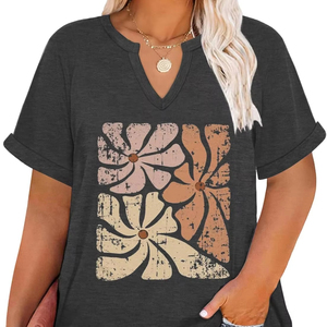 T-shirt décontracté pour femmes grandes tailles, col en V, manches courtes, tissu doux mélangé, respirant, sensation aérée, coupe généreuse, extensible, confortable - Product Image 1