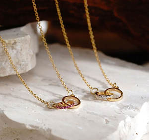 Collier vintage délicat en laiton plaqué or avec pendentif double cercle en pierre rose, bijoux pour fiançailles, mariage, fête, IGI - Product Image 6