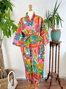 Algodón puro bloque indio impreso casa bata verano Kimono Floral playa encubrimiento cómodo maternidad mamá naranja ráfaga verde abstracto - Product Image 6