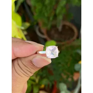 925 Silver Cushion Cut Rose <b>Quartz</b> Gemstone <b>Ring</b> Geometric Pattern with Rhodium Plating Hip-hop Style for Everyday Wear - Product Image 3