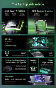 Portátil para juegos de 15,9 pulgadas A M D R7-7840Hs 16GB Ddr5 512GB portátil 2560*1600 2K HD portátiles para juegos Nvme portátiles - Product Image 5