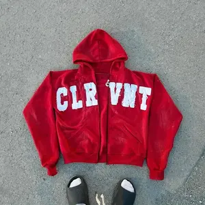 Ropa de calle personalizada 500 Gsm Heavyweight Thermal Sun Faded parche desgastado apliques bordado Zip up Puff Print sudaderas con capucha para hombres - Product Image 6