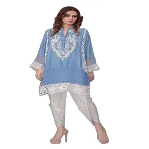 Stylish Ethnic Women Girls Wear Premium Casual Party Festival Wear Floral Printed Work White Kurta Kurti Grey Palazzo Pants