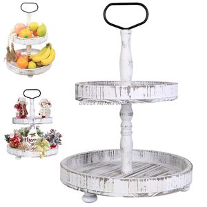 Charmant plateau de service à deux niveaux en bois blanc vieilli avec poignée noire Parfait pour exposer des friandises et ajouter une touche rustique - Product Image 3