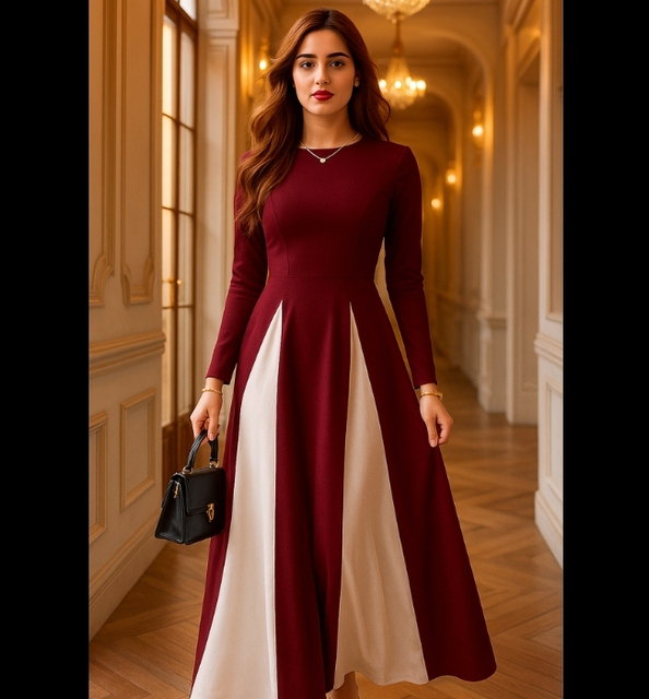 2025 Elegant Women's Evening Wear Deep Red Color-Block Long Sleeve Maxi Dress Sequined A-Line High Slit Draped Handmade