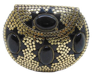 Metal Clutch Handmade Brass Black Resin Stone Metal Clutch Gold Purse Evening <b>Bags</b> - Product Image 1