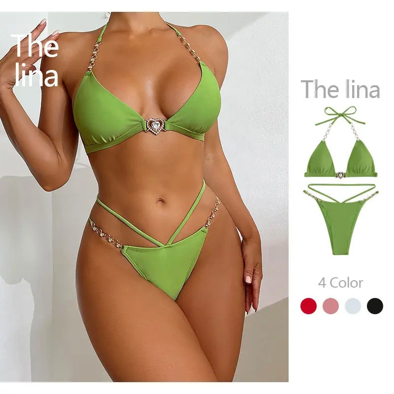 wholesale 2023 New Women Swimwear Solid Color Chain Triangle Sexy Designer Micro Mini Diamond Bikini Women Swimsuit