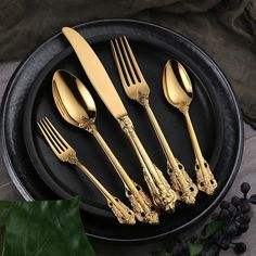 Juego de cubiertos de acero inoxidable chapado en oro de lujo, cuchillo, tenedor, cuchara, cubiertos, vajilla - Product Image 3