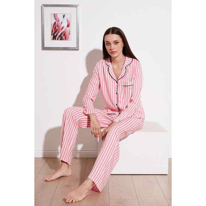 Lei-gatta Pink Striped Button-Front Pajama Set, Long Sleeve