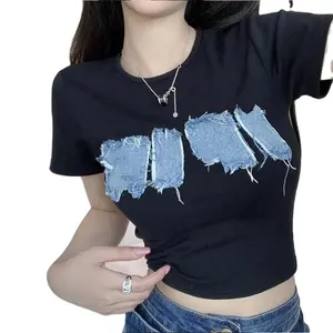 Ucuz fiyat özel Logo kırpma üst T shirt seksi temel kısa tişörtleri kadın kulübü beyaz kadın gömlek 2023 kısa kollu mahsul Tops