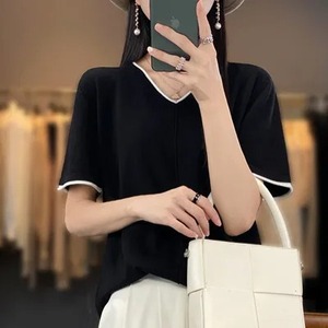 Jersey de LICRA/algodón con cuello en V para mujer, camiseta ecológica transpirable informal con contraste de Color, tejido de manga corta de verano - Product Image 5